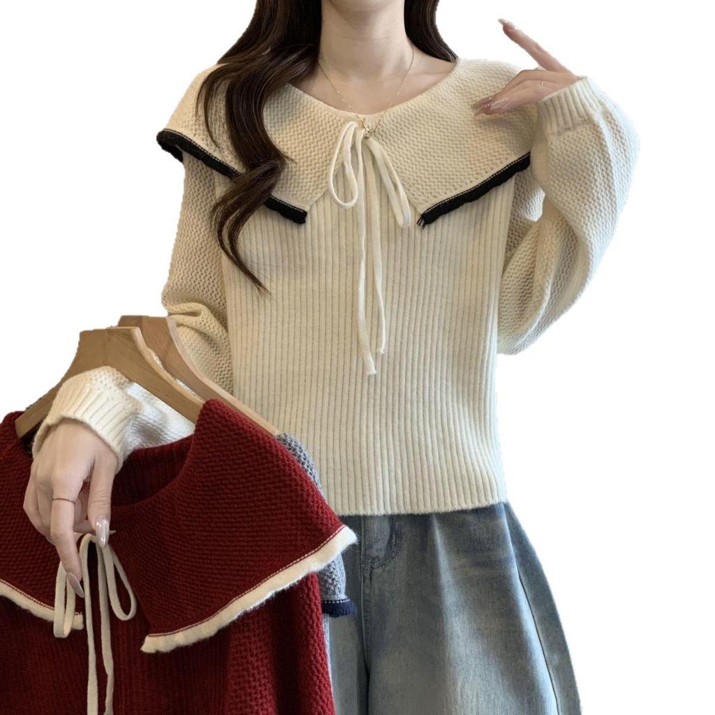Korean Style Women's Doll Collar Knit Sweater - Loose Fit, Age-Reducing, Autumn/Winter 2026 Collection