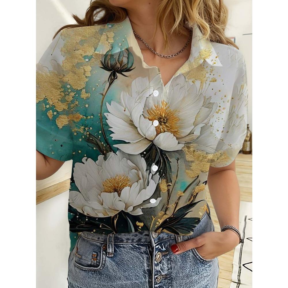 Hawaiian Womens Shirts Short Sleeve Button Floral rose 3D Printed Casual Beach Shirt Summer s unflower Blouse Women's Clothes