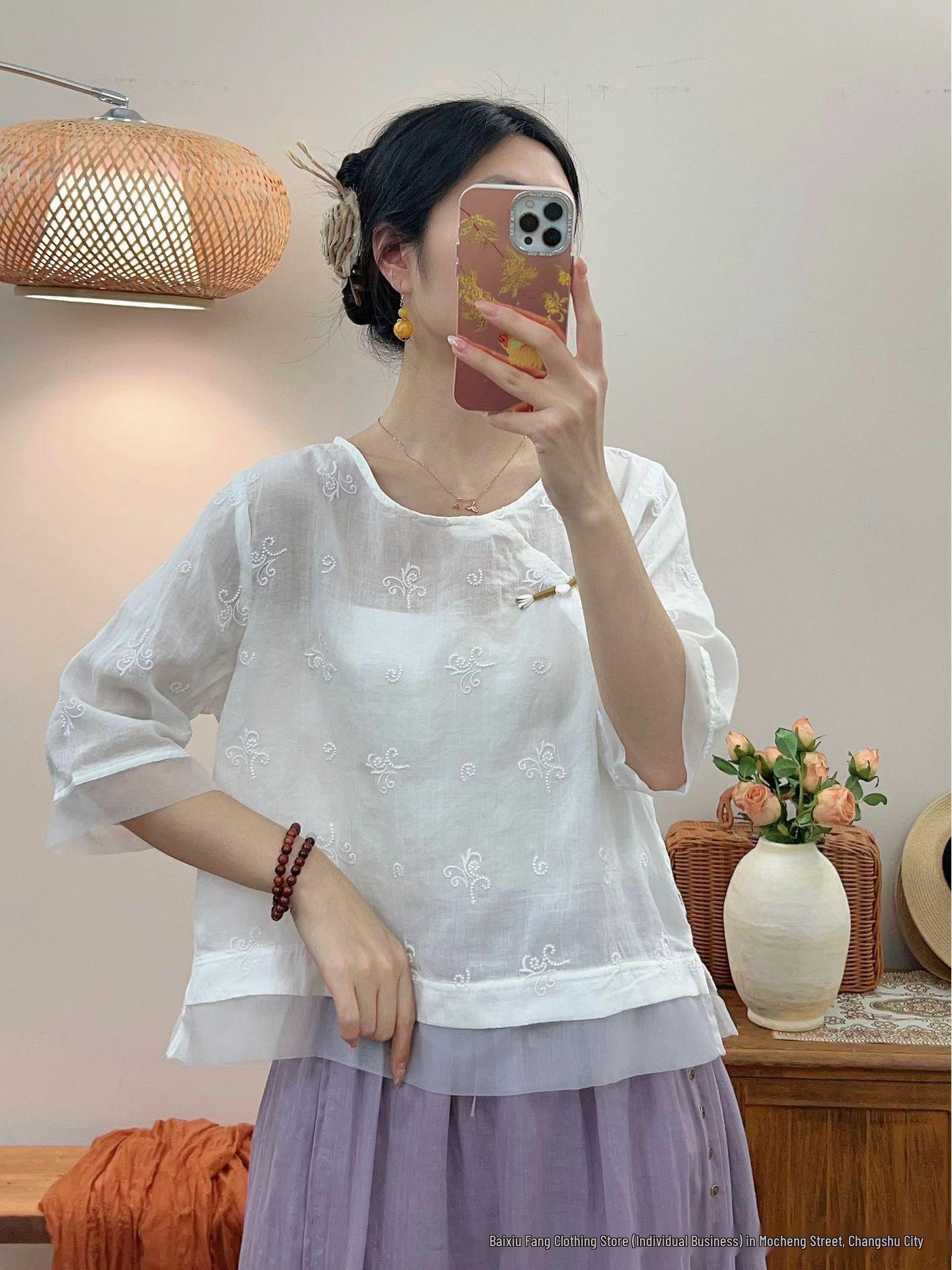 Women s Retro Embroidered Linen Short Sleeve Shirt with Frog Button and Diagonal Lapel - Summer 2026 One Size