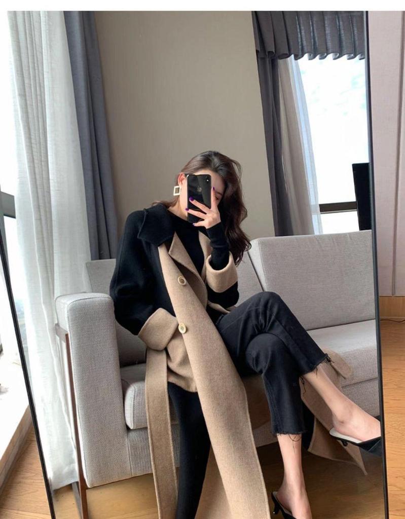 Women's Black Faux Woolen Color-Blocked Patchwork Coat - Hepburn Style, Petite, High-End Korean Design for Autumn/Winter