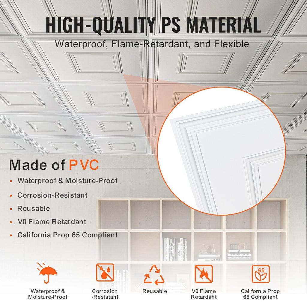 Ceiling Tiles 12-Pack 24 X 24 In PVC Easy Installation White Geometric