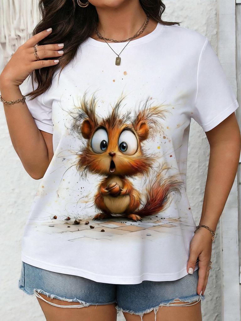 Hand-painted Cute Squirrel Print Short-sleeve T-shirt. Quirky and Artistic Loose-fitting Round-neck Top. Women's Clothing. Women's Clothing. Women's D