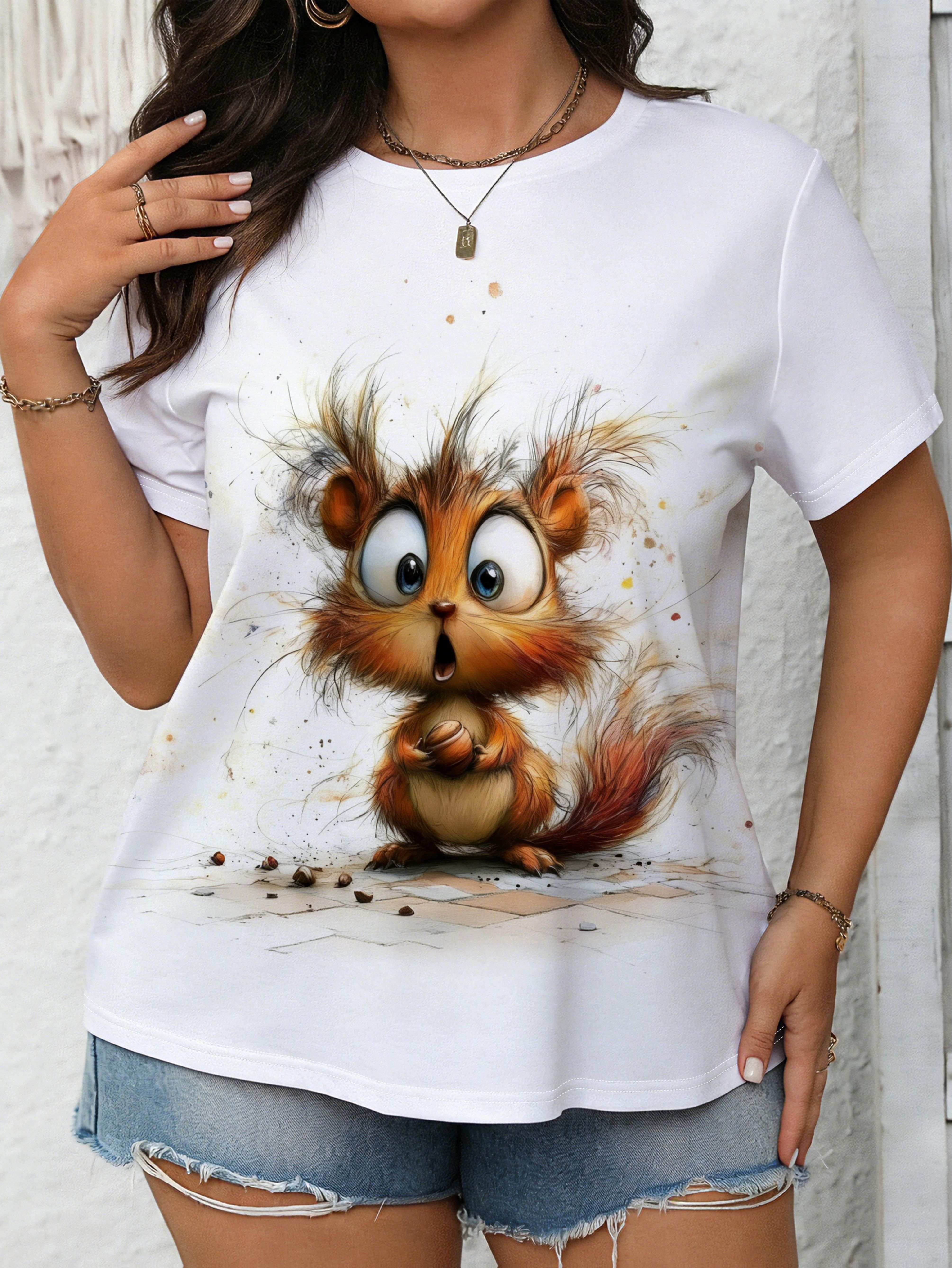 Hand-painted Cute Squirrel Print Short-sleeve T-shirt. Quirky and Artistic Loose-fitting Round-neck Top. Women s Clothing. Women s Clothing. Women s D S дубильная кора