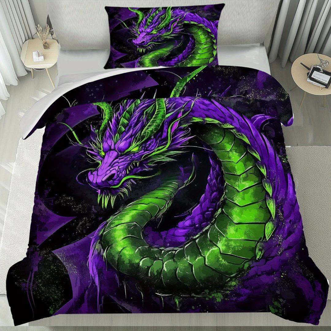 

Комплект пододеяльника «Мистический дракон» из 3 предметов: 1 пододеяльник + 2 наволочки с изображением величественного фиолетового и зеленого дракона, мягкий US Twin(172x218cm)