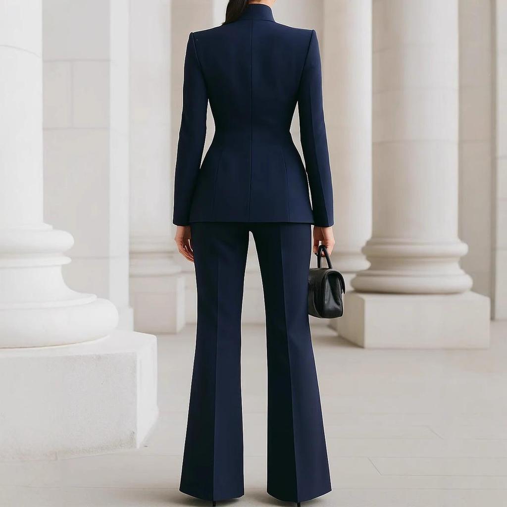2026 Women's European & American Long Sleeve Solid Color Blazer & Pants Two-Piece Set with Pocket