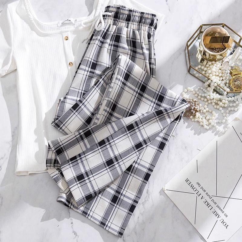 Übergröße Schwarz-Weiß Karierte Eisseide Weitbeinige Hose für Damen - Hochtailliert Locker Geschnitten Schlankmachend Dünn Sommer Lässig Gerades Bein Hose