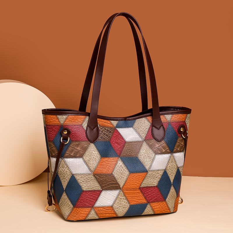 2pcs Geometric Pattern Tote Bag Set, Fashion Shoulder Bag, Women's Large Handbag With Clutch Coin Purse