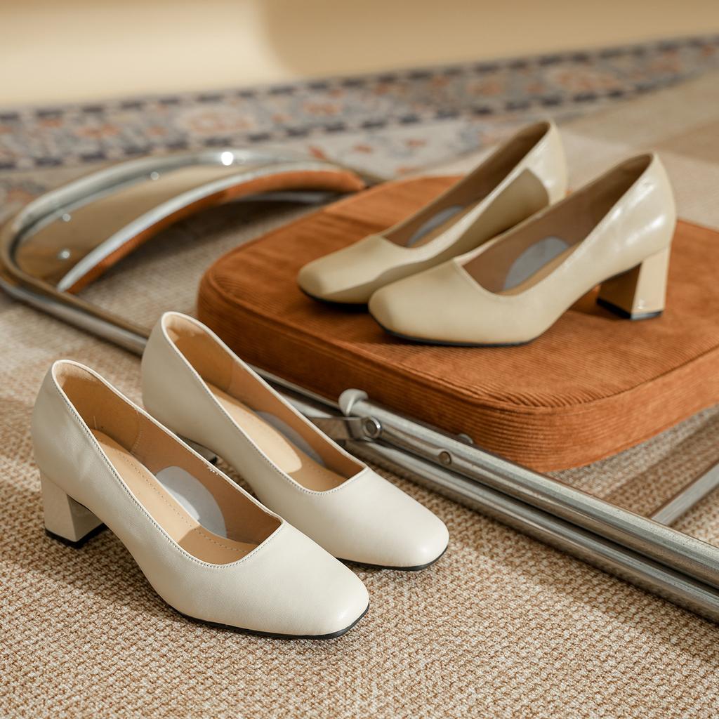 Leather version thick heel not tired feet commuting square head single shoes women's spring and autumn light mouth with skirt low heel medium heel wo