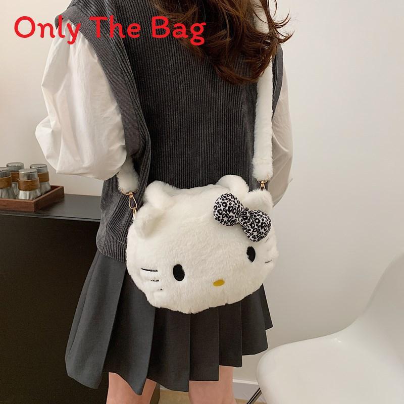 Borsa a tracolla rotonda in peluche Hello Kitty a cartoni animati con cerniera per bambine