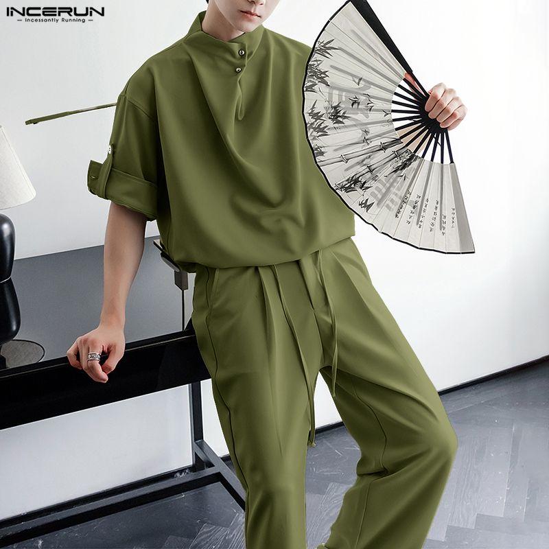 INCERUN Two Piece Suit Men Mockneck Half Sleeve Shirts Trousers Casual Loose Sets