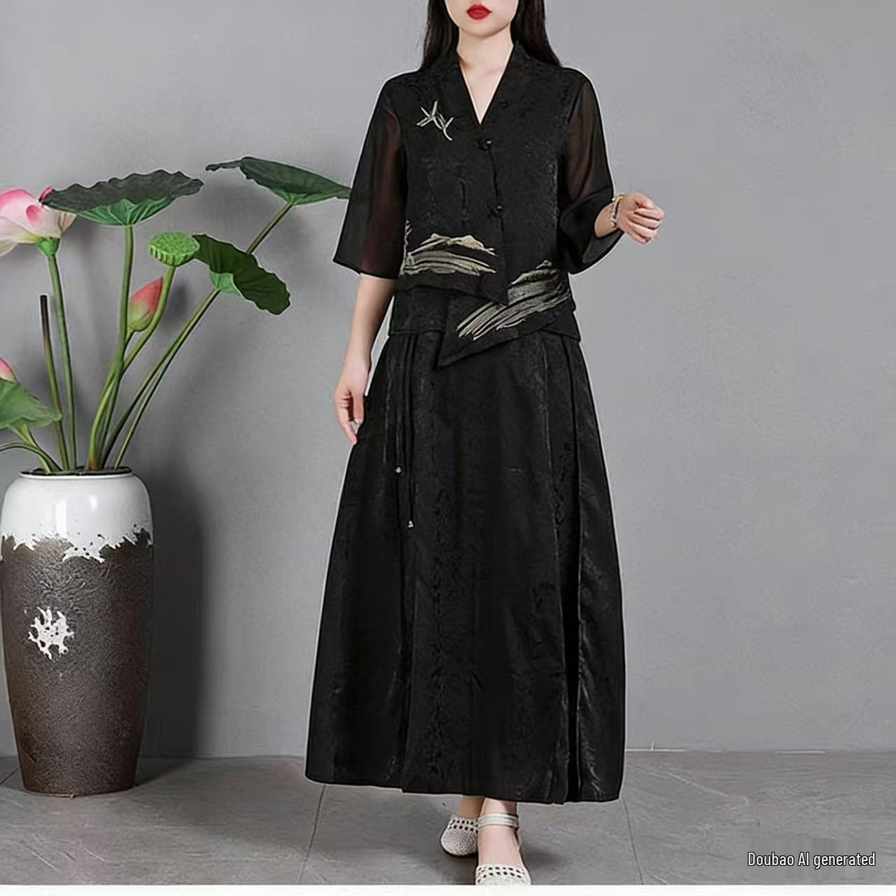 

1062 Spring/Summer Chinese Style V-Neck Embroidery Jacquard Two-Piece Top & Skirt Set L 54-59 kg