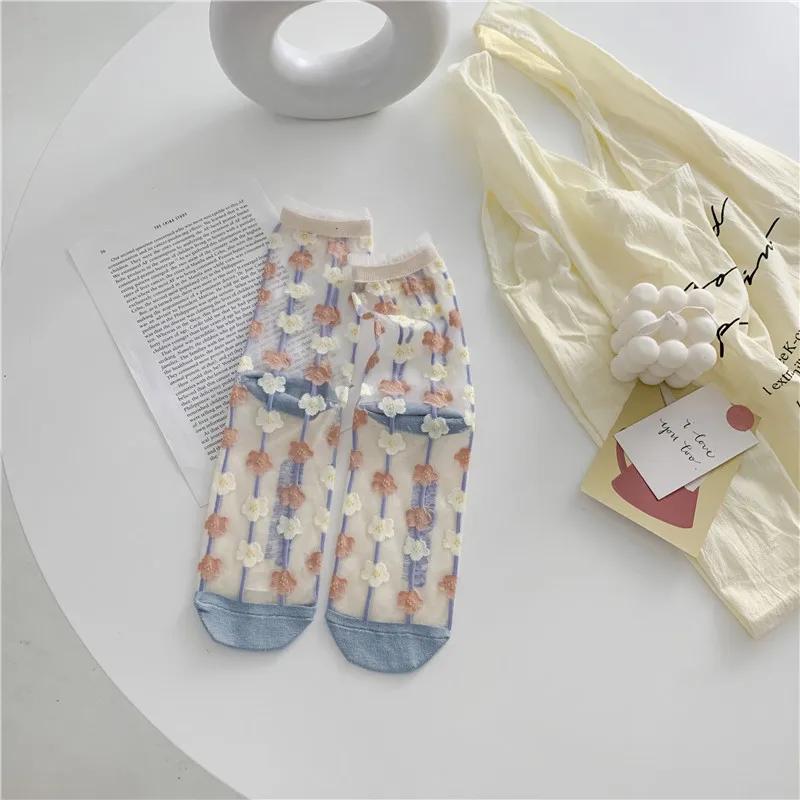 Chaussettes Sexy Coréennes en Dentelle Fleurie en Soie de Verre Marée Nouveauté Harajuku Rétro Chaussettes en Soie Cristal Ultra-fines Transparentes Longues