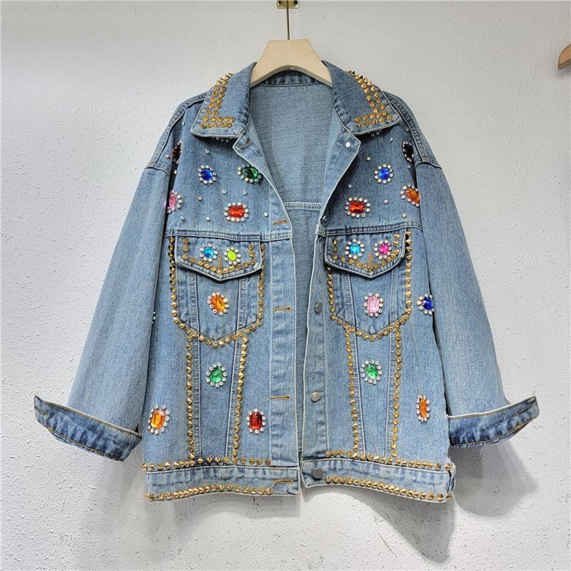 European station autumn new heavy industry rhinestone beads thin versatile short denim jacket women s cross-border trendy brand M синий