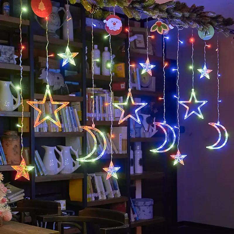 Colorful LED Solar Curtain & Star Moon String Lights - Waterproof Christmas & Festival Decor