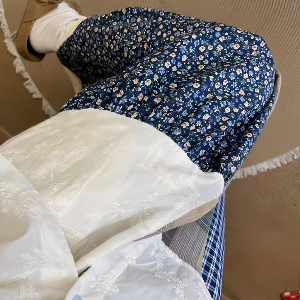 Dimanaf 2025 Summer Women New Linen Plaid Skirts Elastic Elegant Flower Pleated Skirts High Waist