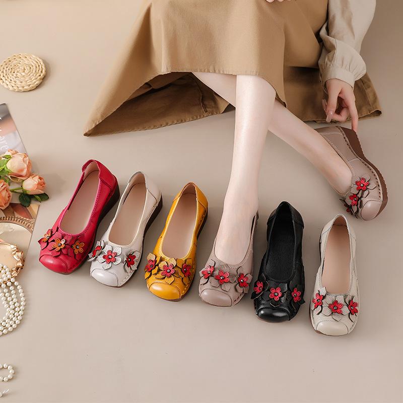 Shallow single shoes, genuine leather women's shoes, shoes and flowers, one pedal, Doudou round head thick sole, spring and autumn ethnic style