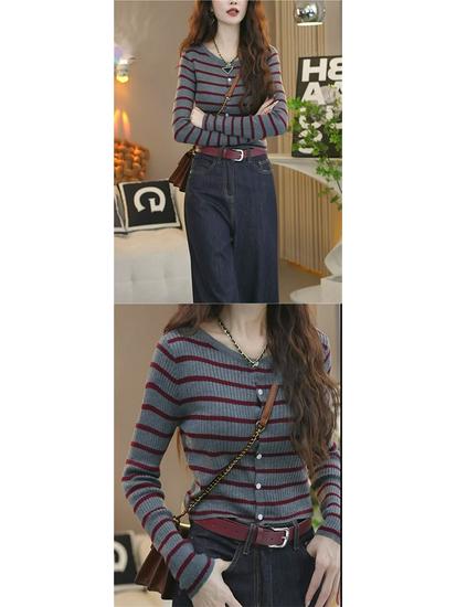 Women's Gray Striped Knitted Cardigan Coat - Round Neck, Long Sleeve, Slimming Inner Layer Sweater Top