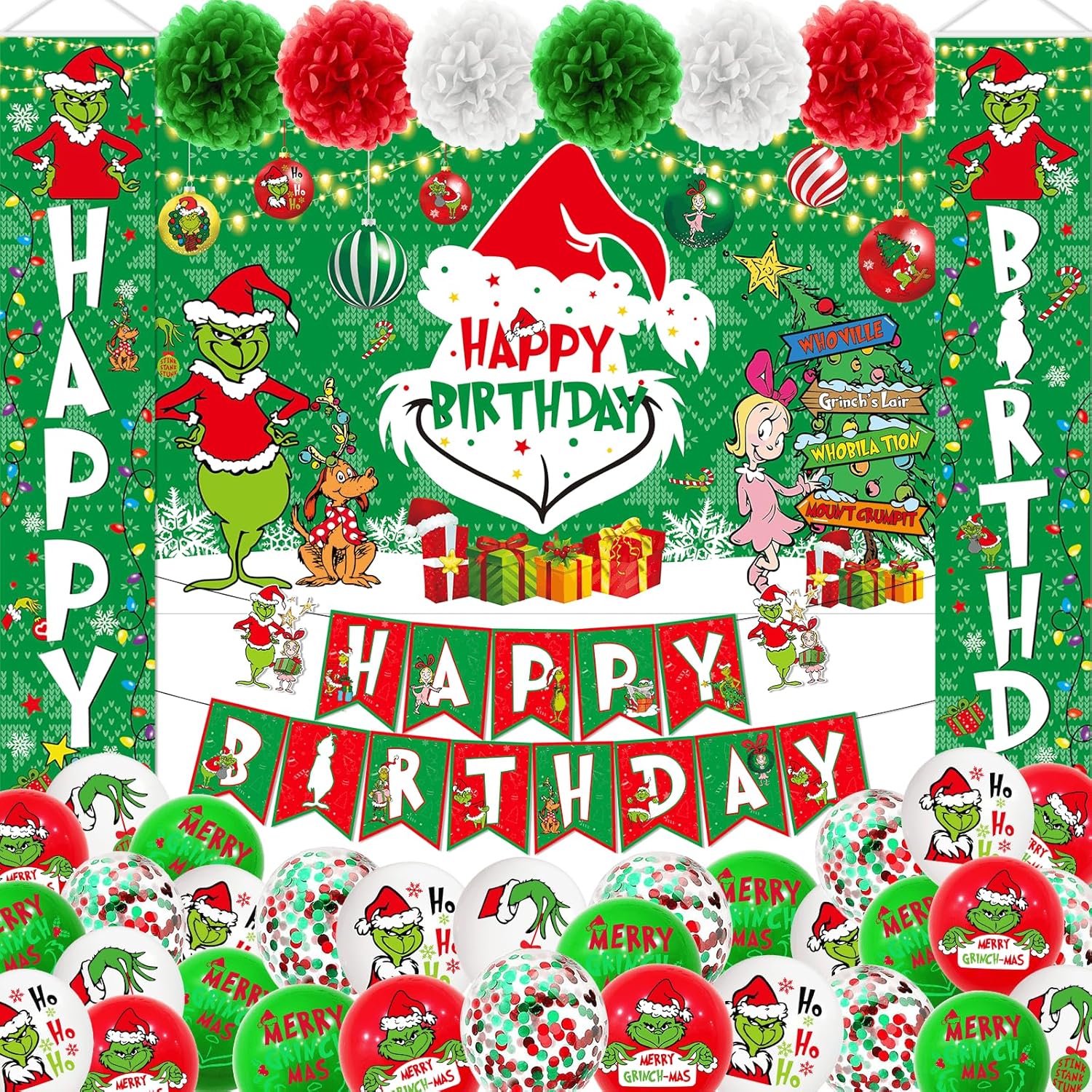 59Pcs Christmas Birthday Decorations Happy Birthday Banner backdrop Door Banner Birthday Porch Sign Hanging Banner Outdoor Christmas Decorations and