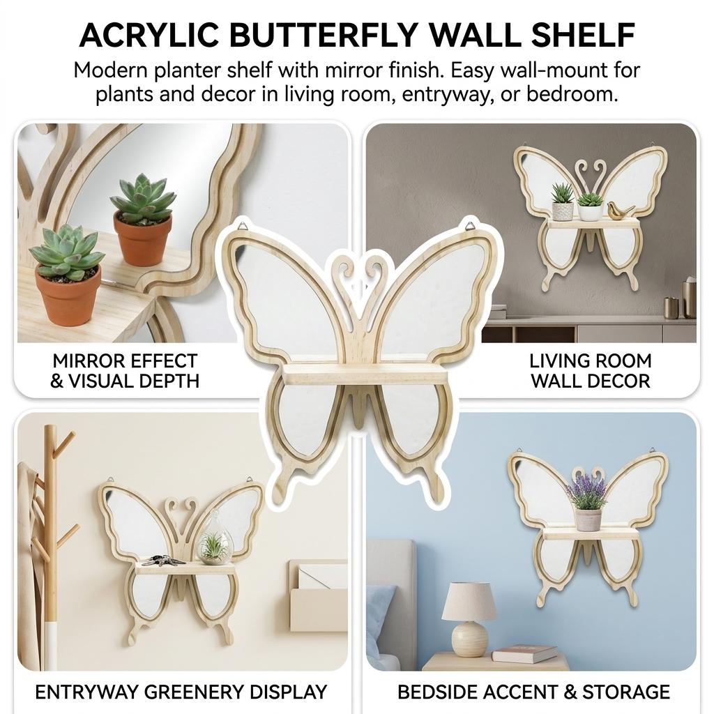 Acrylic Butterfly Wall Hanging Planter Shelf Wooden-Craft Home Decoration