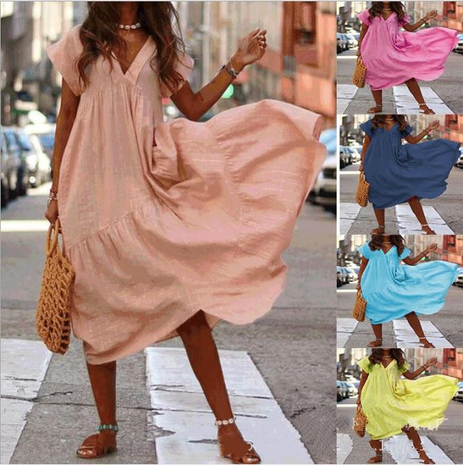 Summer Dress Women Casual Short Sleeve Dresses for Women V Neck Woman Dress A-Line Ruffles Sundress