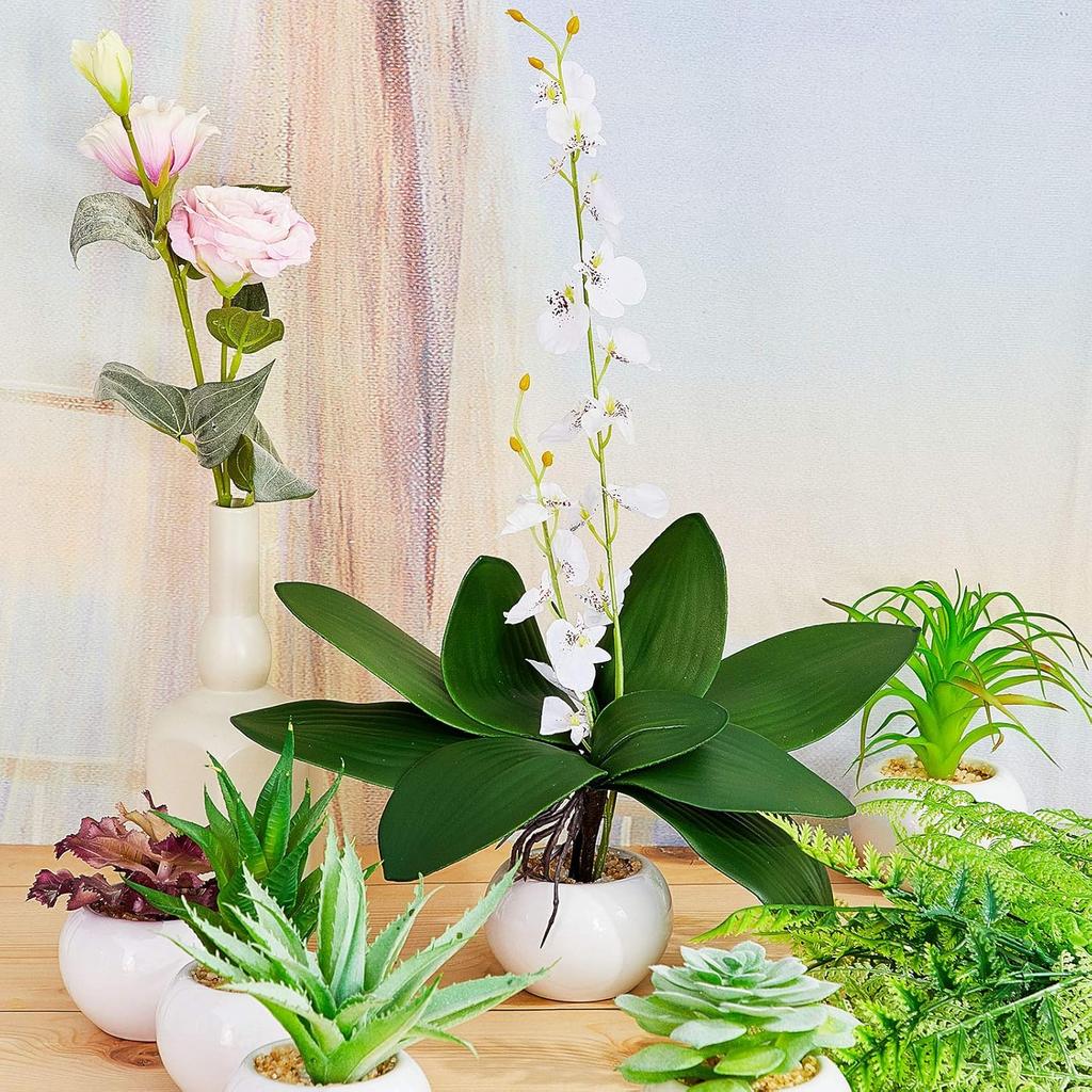 Chuangdi 6 Pieces Faux Phalaenopsis Orchids Leaves Artificial Orchids Leaves Green Leaf Plants Green Faux Leaf Latex Cymbidium Stems for Flowers