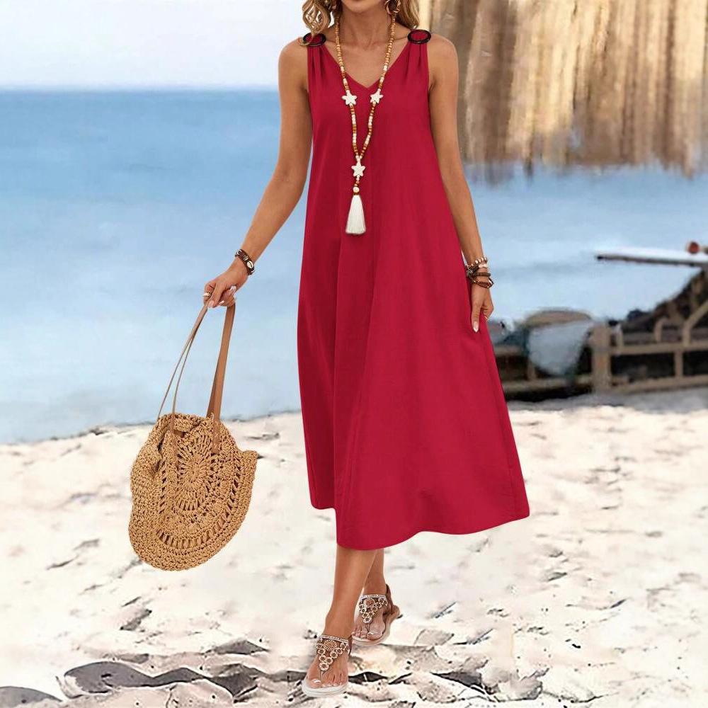 2025 Amazon cross-border Europe, America, summer Europe and America elegant style women s season solid color ring buckle V-neck sleeveless dress S красный