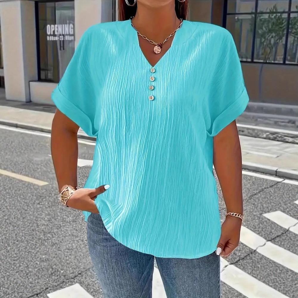 Elegant Casual T-Shirt - Women's Plus Size - Plus Size - New European and American - Spring/Summer Short Sleeve - Button Solid Color
