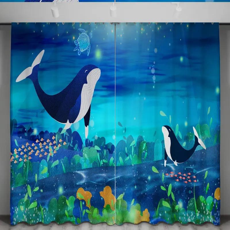 2 szt. Zasłony z motywem oceanu i wzorem ryb, dekoracyjne zasłony okienne z tunelem na karnisz, dekoracje okienne do sypialni, salonu, wystroju domu