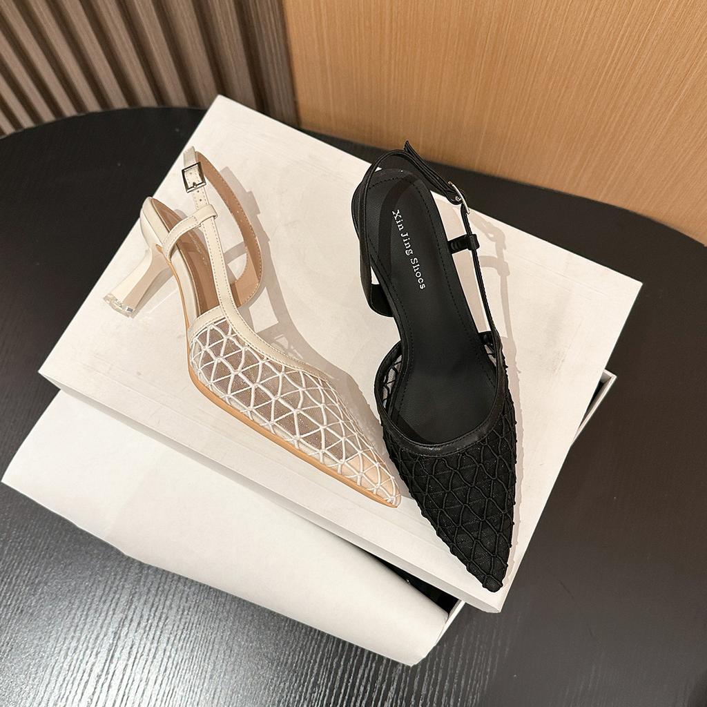 699-305 Fashion Pointed Hollow Back Thin Heel Single Shoes Spring and Summer New Comfortable Mesh High Heel Single Shoes Women's Shoes