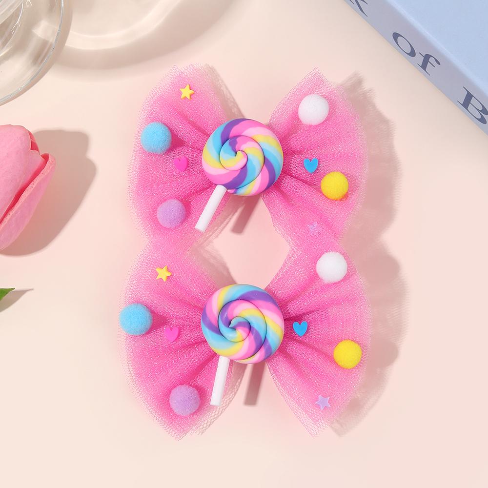 2Pcs Cute Lollipop Bow Hair Clips Sweet Mesh Bow Heart Hairpins Pom-Pom Accent Barrette For Girls Children Hair Accessories