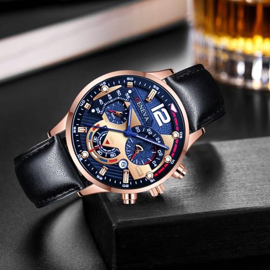 Men Quartz Watch Round Dial Three-eye Calendar Adjustable 6 Pins Faux Leather Strap Mechanical No Delay High Accuracy Daily Wristwatch Timepieceh