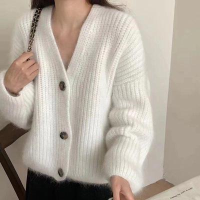 Korean-Style Faux Mink White V-Neck Fluffy Knitted Cardigan Shawl Sweater