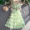 Holiday romantic style print one-word shoulder bubble sleeve dress female waist cake dress thin temperament fairy long dress