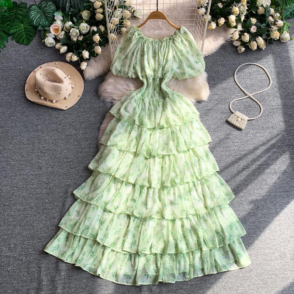 Holiday romantic style print one-word shoulder bubble sleeve dress female waist cake dress thin temperament fairy long dress