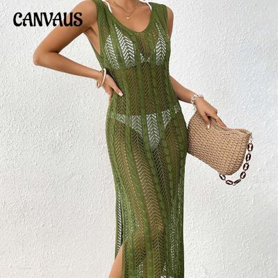 Women's Holiday Beach Dress Hollow Woven Vest Sexy Slit Long Dress