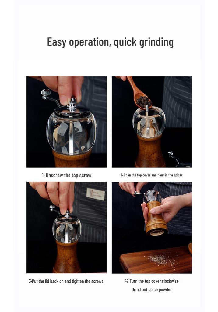 Hand-Cranked Solid Wood & Acrylic Pepper Grinder for Kitchen & Restaurant
