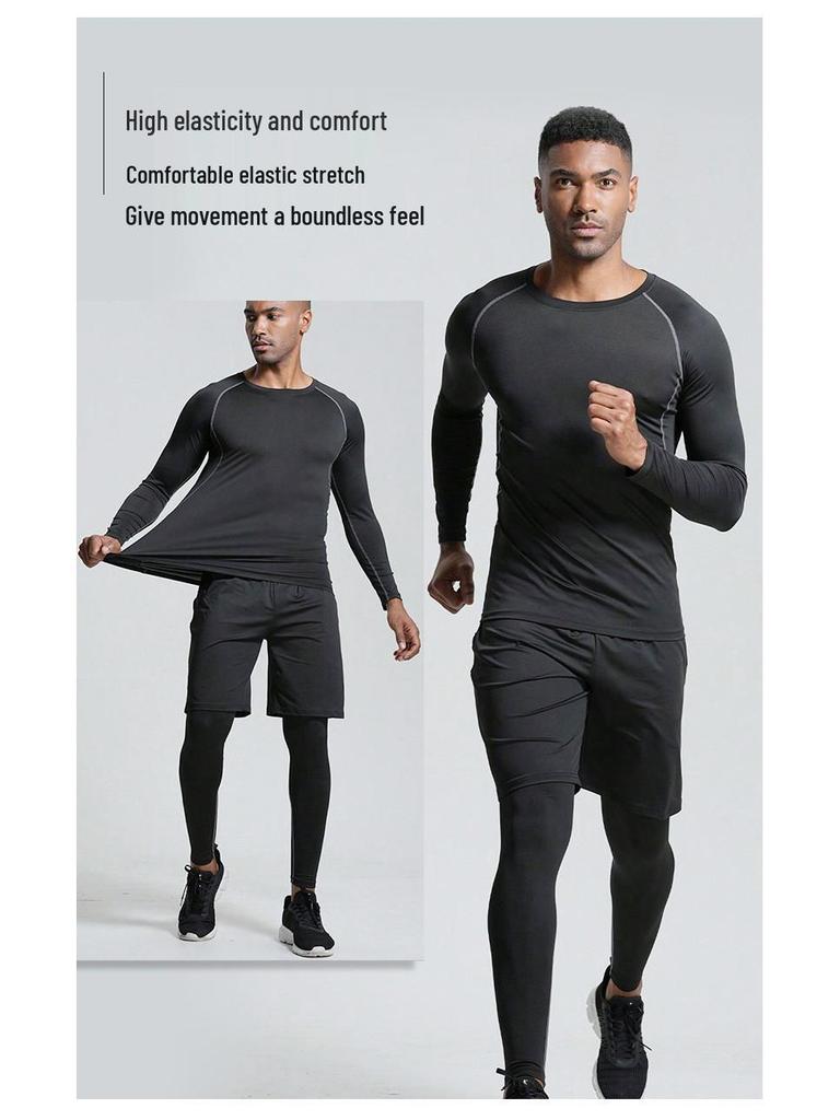 Men's Quick-Dry Sports Suit: Tight-Fitting Running & Basketball Three-Piece Set (Breathable Long Sleeve Top & Pants)