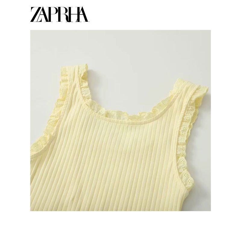 Zaprha 2025 New Arrival Sexy Silm Sleeveless Cotton Lace Bowknot Decoration Rib T-shirt Female 0858317