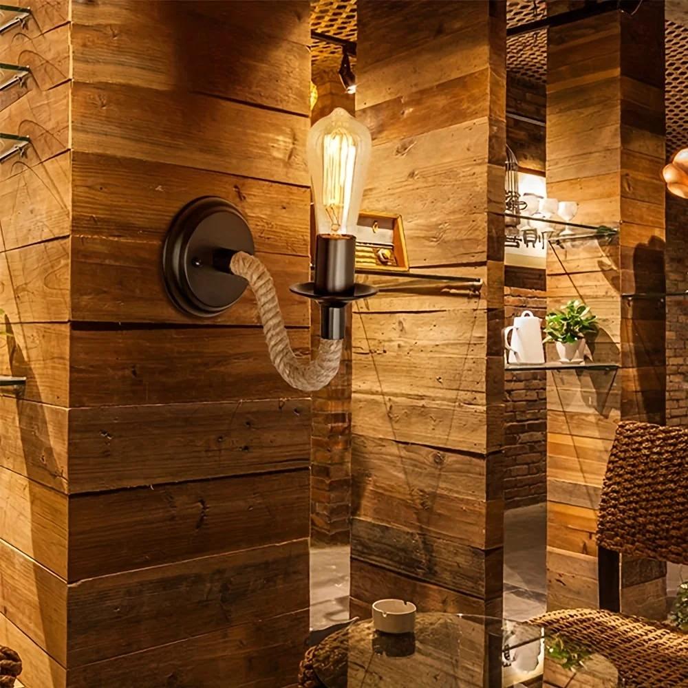 Duvar Aplik Vintage Kenevir Halat Duvar Lambası Ahşap Duvar Lambası E27 İç Mekan Loft Dış Mekan Duvar Endüstriyel Lamba Duvar Aydınlatmaları (Ampul Yok)