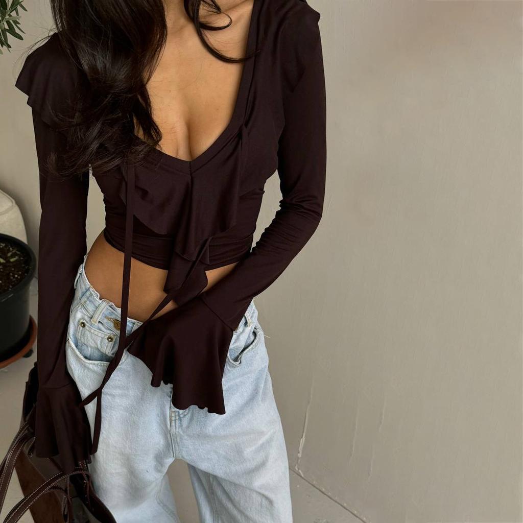 2025 Autumn New Collection, Solid Color, Ruffle Edge, Knitted Shirt, Women's Wear, Short Style, Sexy and Spicy Girl, Fashionable V-neck Top