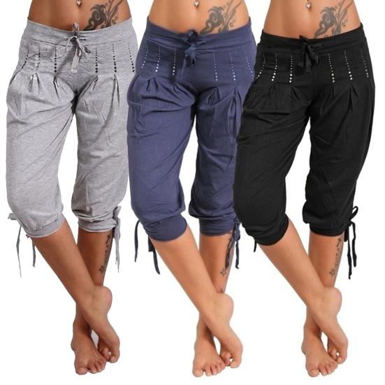 Women Casual Low Rise Drawstring Rhinestone Pleated Sports Cropped Pants Shorts