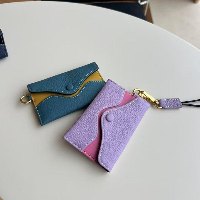 

2025 New Genuine Leather Top Layer Cowhide Color Blocked Envelope Three Fold Short Change Card Bag Neck Hanging Card Sleeve 11x7x1CM чорний