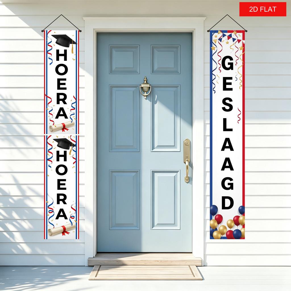 2D Flat, 2D Flat Banner, 2pcs Set, Dutch Graduation Season Celebration Porch Hanging Flag, "HOERA GESLAAGD" Slogan, Graduation Bachelor's Cap, Certifi