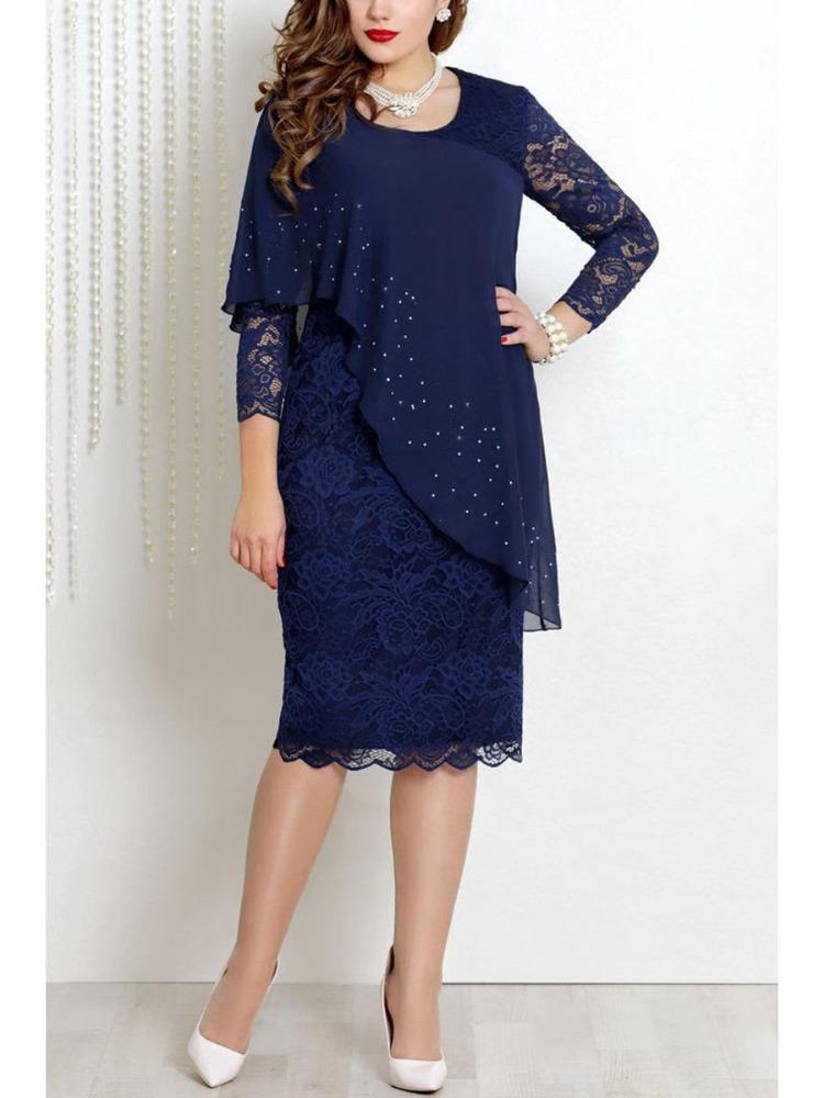 Elegant Solid Color Slim Dress with Lace Trim and Three Quarter Sleeves