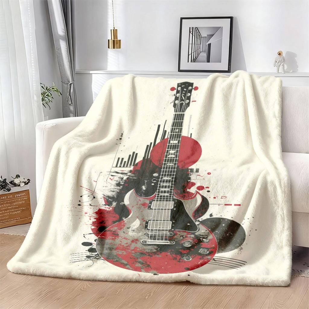 1pc Soft Flannel Throw Blanket Guitar & Music Notes Design in Gray Red Black White AllSeason Couch, Bed, Living Room Decor Cozy Sofa Bedspread for Mus