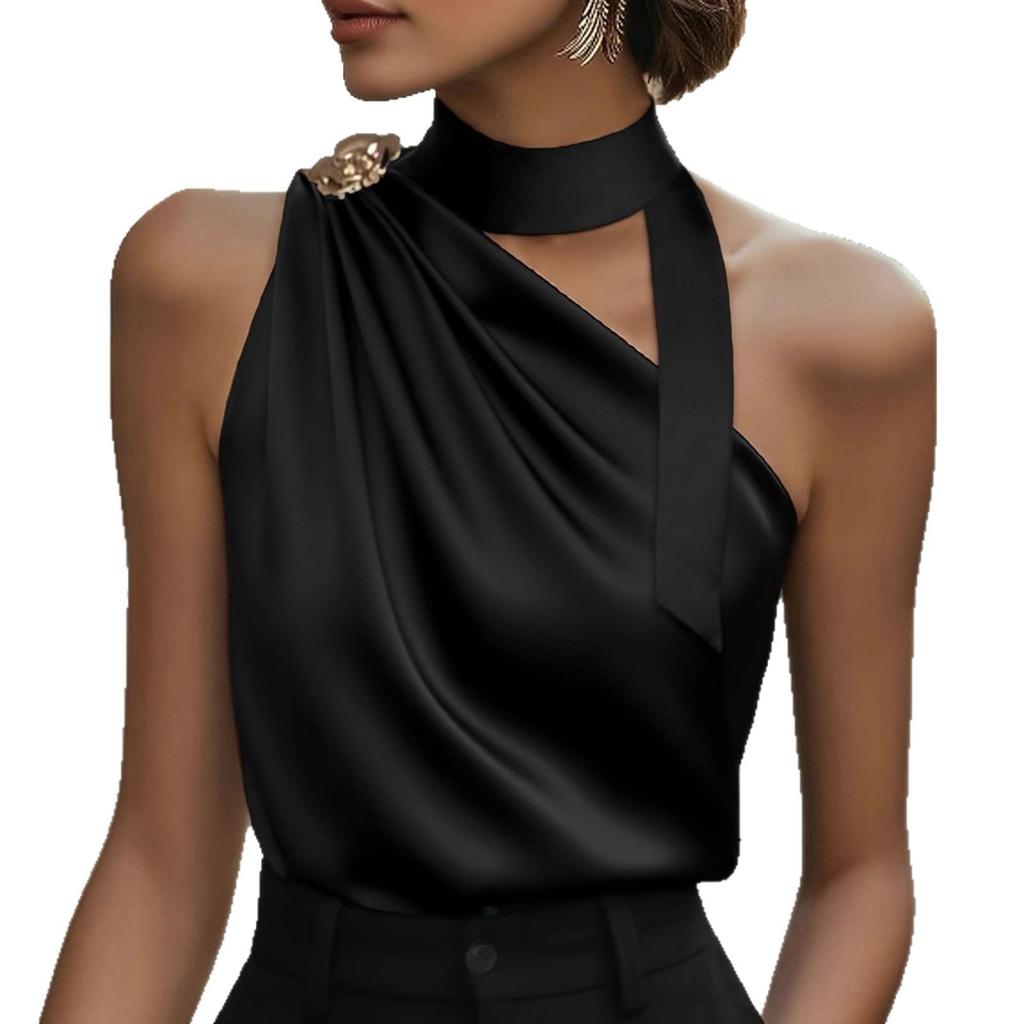 Elegant Women's Sleeveless High Neck Off-the-Shoulder Solid Top