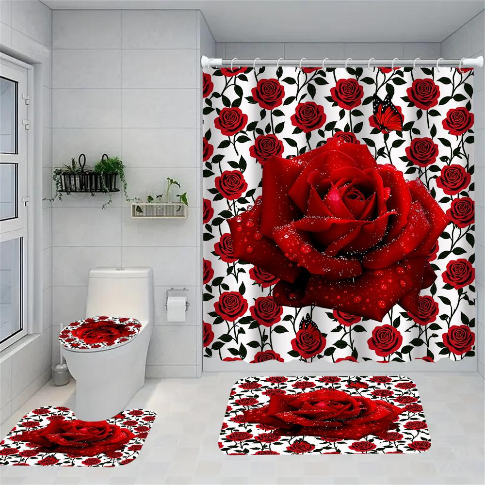 1/4 Rose Print Shower Curtains, Toilet Seat Decoration, Shower Curtain With Carpet And Toilet Lid, 70.8X70.8 Inch