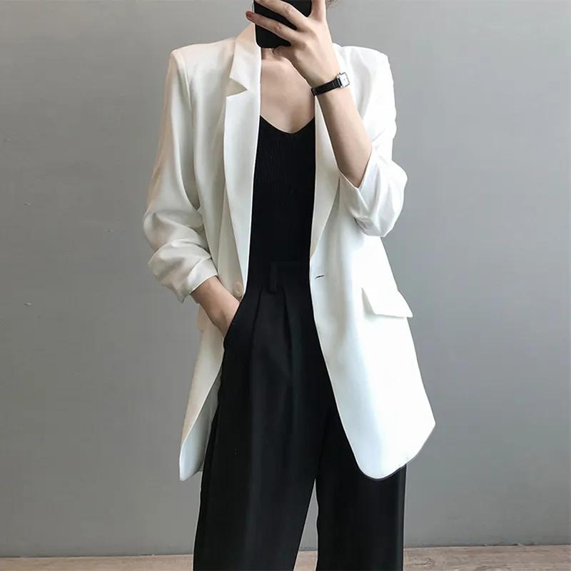 Chiffon Suit Coat Female's Summer Korean Loose White Thin Long Blazers Jacket Solid Color Sunscreen Shirt Female Blazer