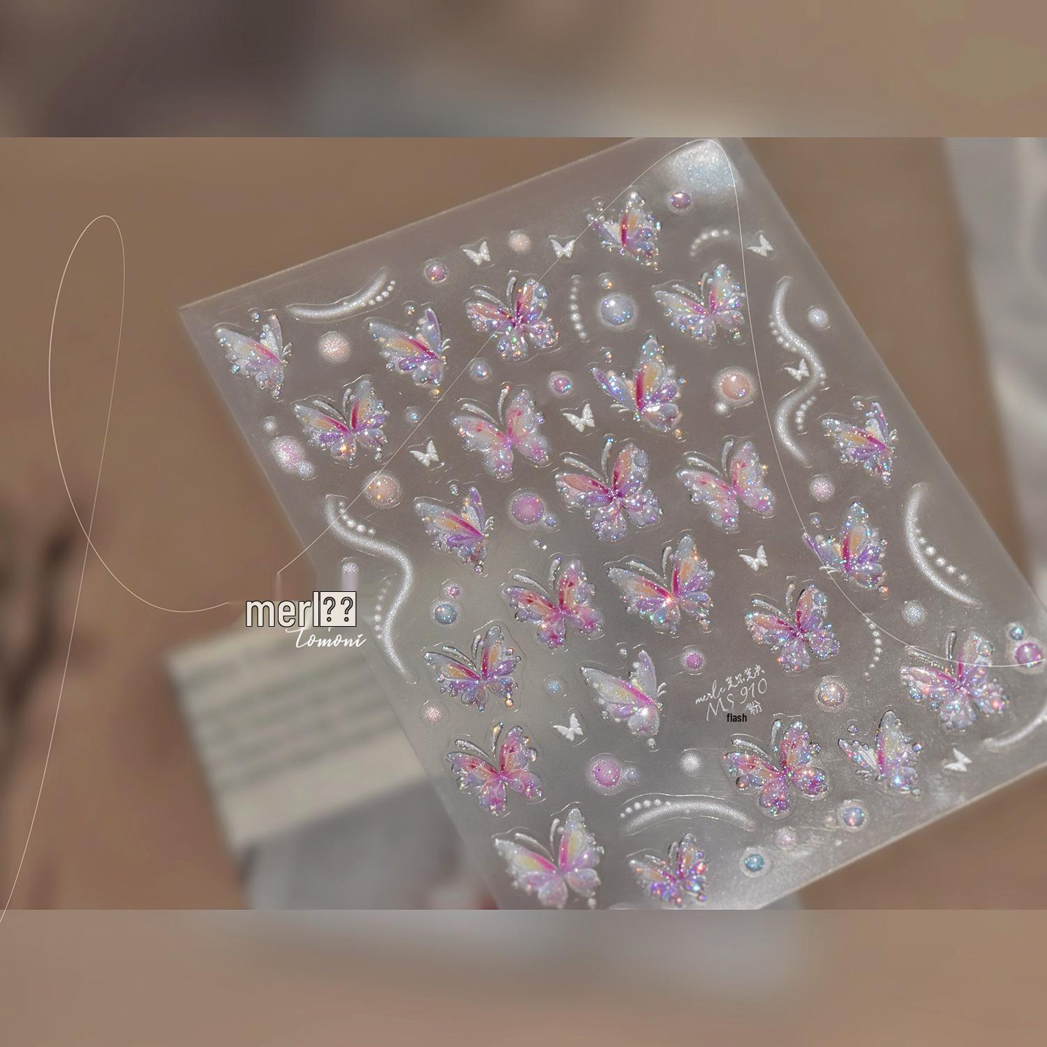 Блестящие наклейки для ногтей Tomoni & Mo Shi - DIY Искусство с блестками и флуоресцентно-фиолетовыми бабочками