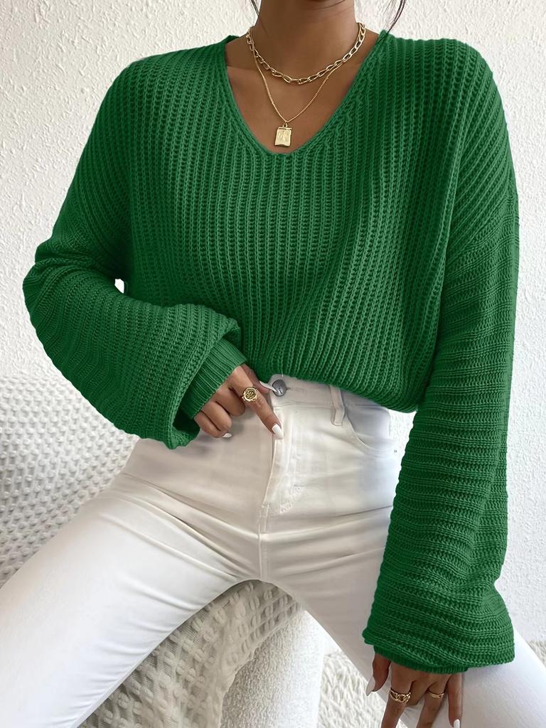 Knitted women's clothing Europe and America 2026 autumn new solid color V-neck lantern long-sleeved pullover sweater